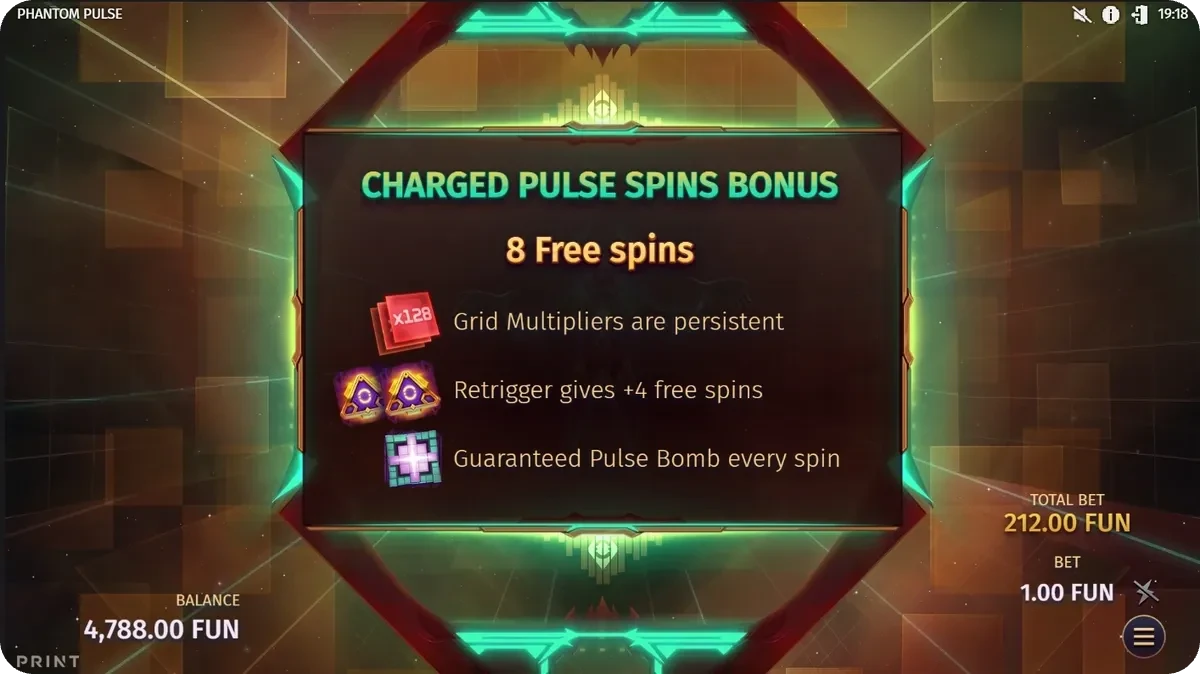 Ekran bonusu Charged Pulse Spins w Phantom Pulse z gwarantowaną Pulse Bomb