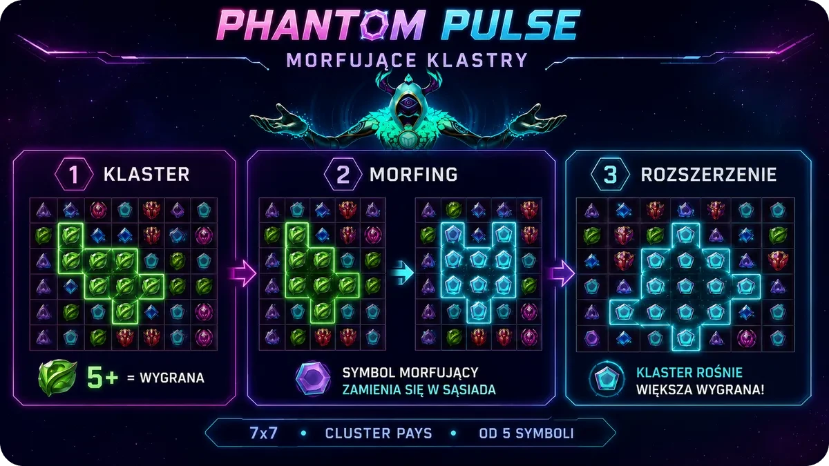 Trzy etapy działania Morphing Clusters w Phantom Pulse: klaster, morfing, rozszerzenie