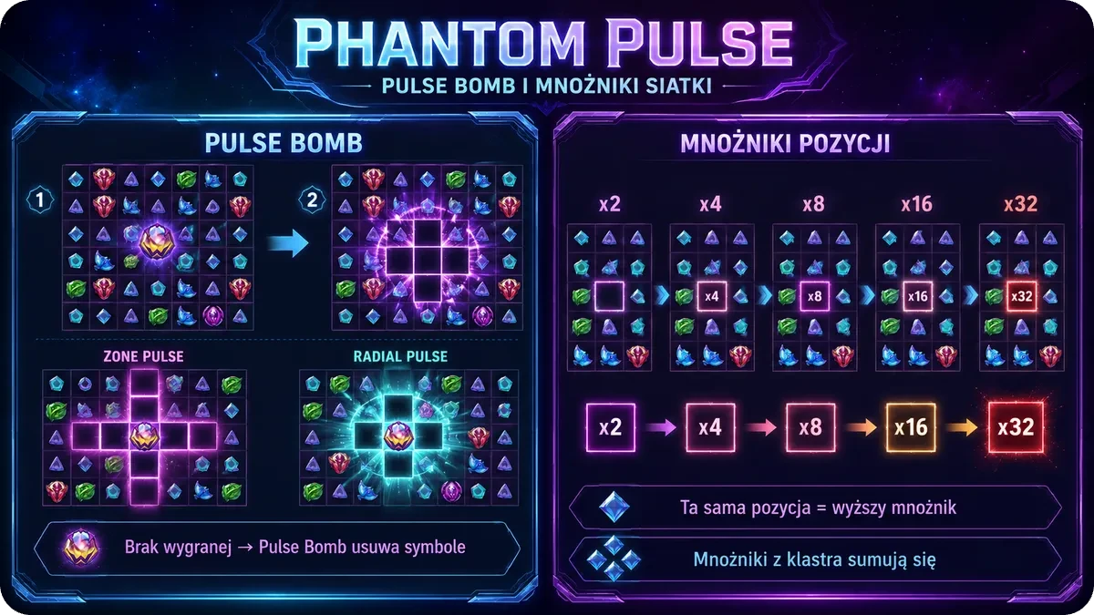 Pulse Bomb w wariantach Zone i Radial oraz drabinka mnożników pozycji od x2 do x32
